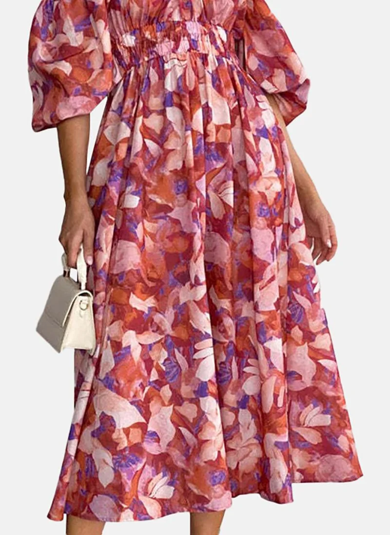 YUNIQEE Pink Flared Printed Off-shoulder Half Sleeve Dress