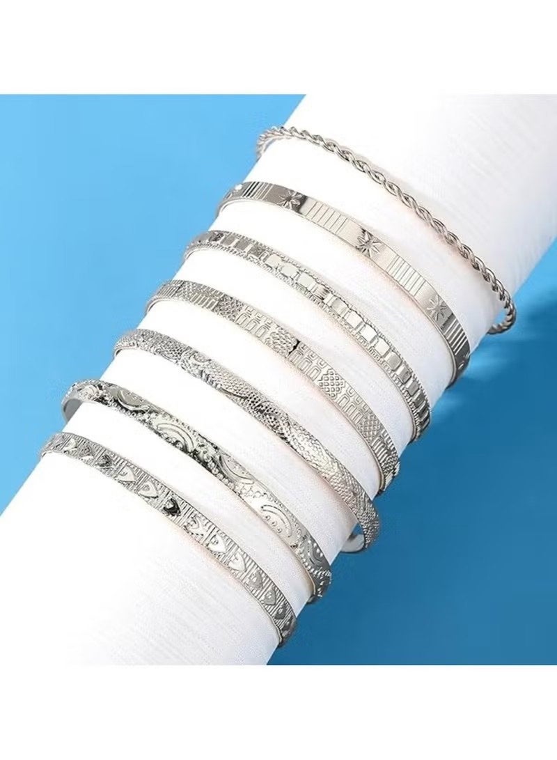 Huitich 7-Piece silver-Tone Colour  Open Cuff Bangle Bracelet Set - Image 5