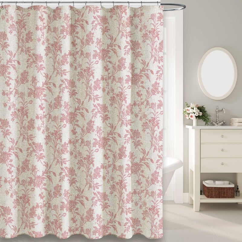 WOUVMA Pink Shower Curtain Floral Cotton Linen Cottagecore Shower Curtain for Bathroom 72" W x 72" L - Image 4