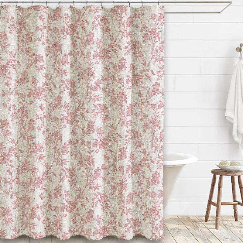 WOUVMA Pink Shower Curtain Floral Cotton Linen Cottagecore Shower Curtain for Bathroom 72" W x 72" L - Image 1