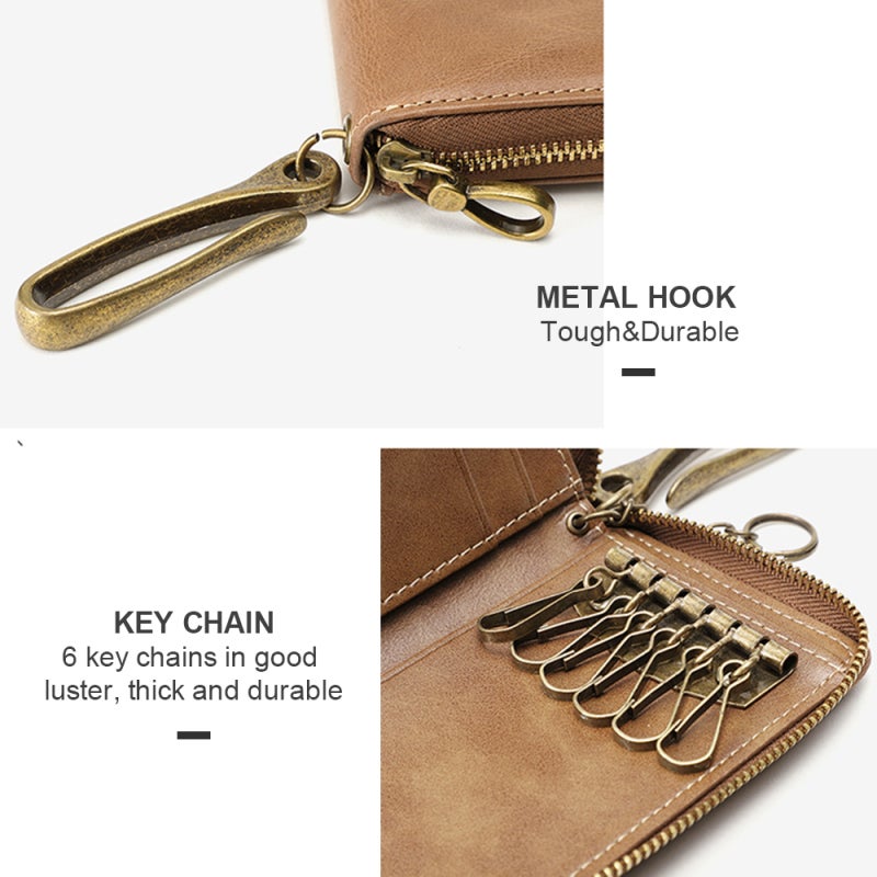 Key Wallet: 6 Key-Hooks Card Slots First-Layer Cow Leather - Retro Fashionable Appearance Portable Spacious Organizer for Men Travel Special Occasions - Image 3
