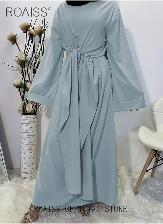 roaiss Abaya with Belt for Women Ladies Long Sleeve Dress Classic Style Long Sleeve Tunic Round Neck Casual Elegant Dress for Daily Outfit  - Image 2