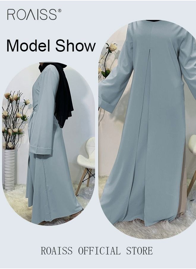 roaiss Abaya with Belt for Women Ladies Long Sleeve Dress Classic Style Long Sleeve Tunic Round Neck Casual Elegant Dress for Daily Outfit  - Image 5