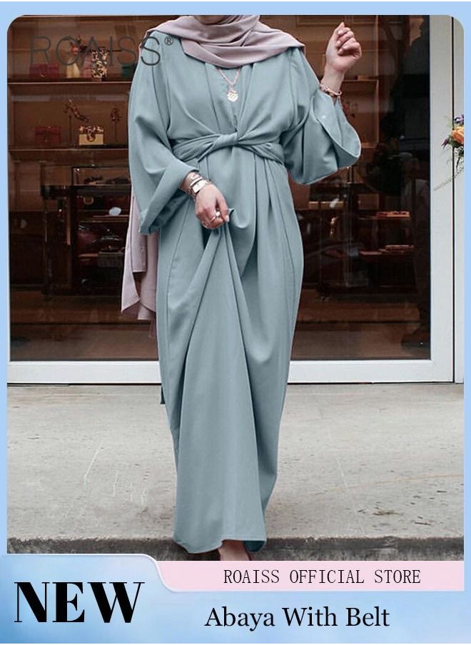 roaiss Abaya with Belt for Women Ladies Long Sleeve Dress Classic Style Long Sleeve Tunic Round Neck Casual Elegant Dress for Daily Outfit  - Image 1