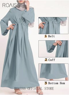roaiss Abaya with Belt for Women Ladies Long Sleeve Dress Classic Style Long Sleeve Tunic Round Neck Casual Elegant Dress for Daily Outfit  - Image 4