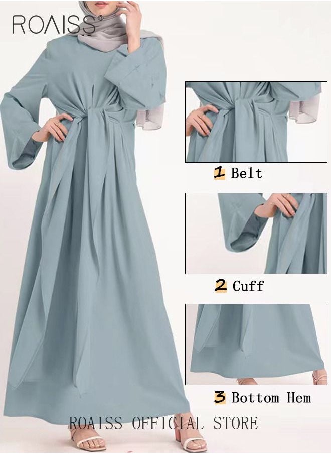 roaiss Abaya with Belt for Women Ladies Long Sleeve Dress Classic Style Long Sleeve Tunic Round Neck Casual Elegant Dress for Daily Outfit  - Image 4
