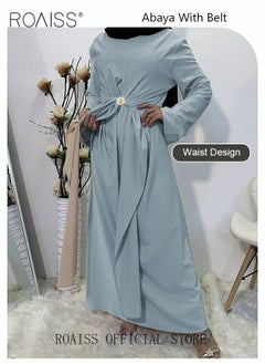 roaiss Abaya with Belt for Women Ladies Long Sleeve Dress Classic Style Long Sleeve Tunic Round Neck Casual Elegant Dress for Daily Outfit  - Image 3