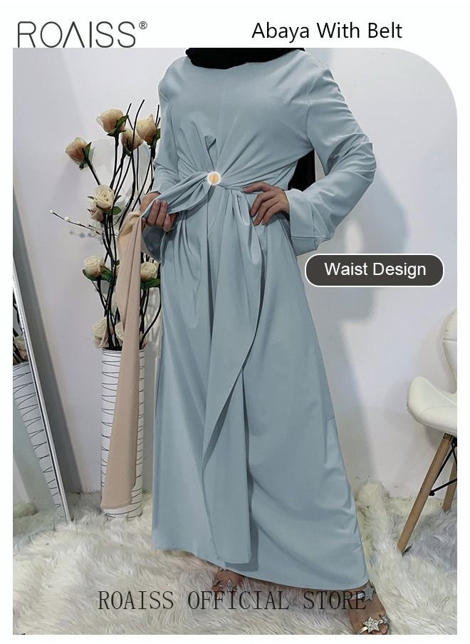 roaiss Abaya with Belt for Women Ladies Long Sleeve Dress Classic Style Long Sleeve Tunic Round Neck Casual Elegant Dress for Daily Outfit  - Image 3