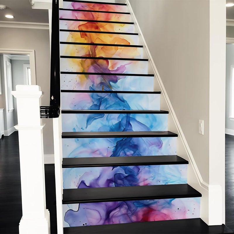 REDAMANCY Modern Coloful Abstract Watercolor Pink/Red/Blue/Yellow Peel and Stick Vinyl Stair Riser Decals Staircase Tile Stickers Decor Modern Marble Decoration Self-Adhesive(14 Pcs) - Image 1