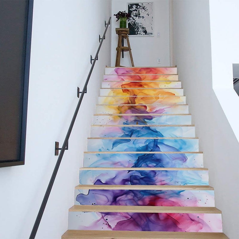 REDAMANCY Modern Coloful Abstract Watercolor Pink/Red/Blue/Yellow Peel and Stick Vinyl Stair Riser Decals Staircase Tile Stickers Decor Modern Marble Decoration Self-Adhesive(14 Pcs) - Image 4