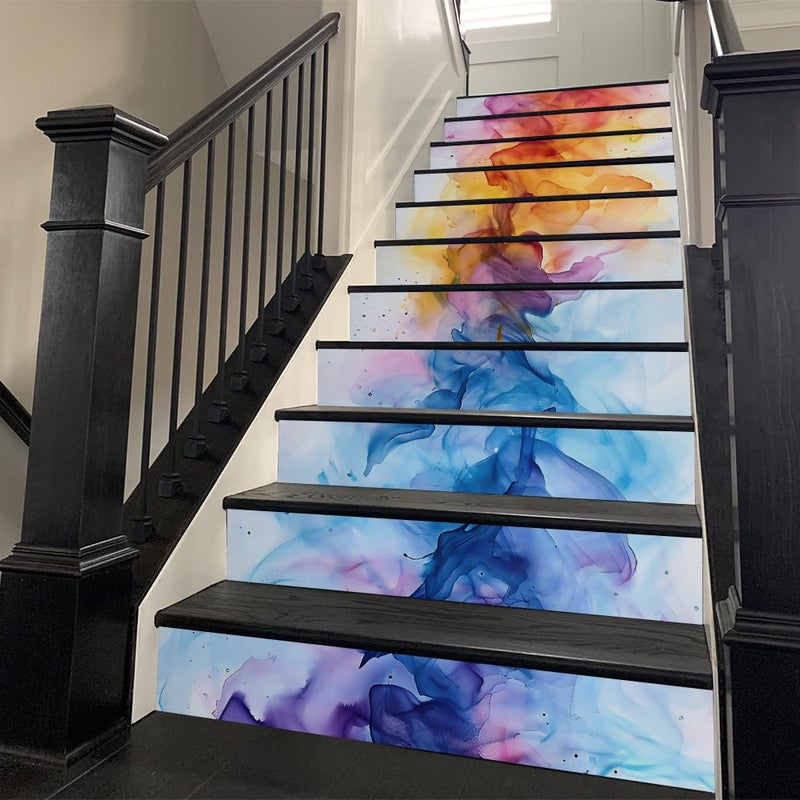 REDAMANCY Modern Coloful Abstract Watercolor Pink/Red/Blue/Yellow Peel and Stick Vinyl Stair Riser Decals Staircase Tile Stickers Decor Modern Marble Decoration Self-Adhesive(14 Pcs) - Image 2