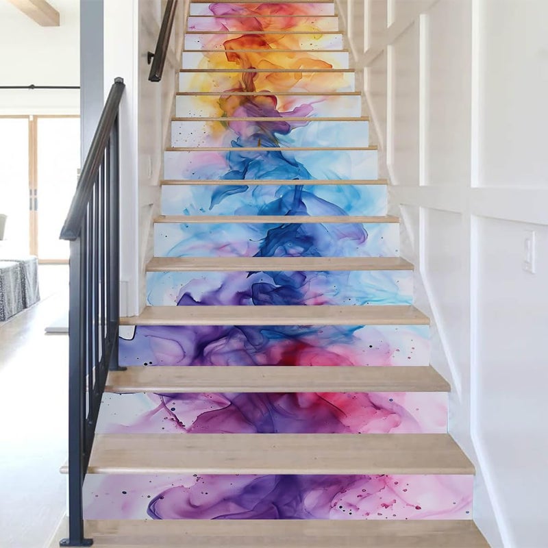 REDAMANCY Modern Coloful Abstract Watercolor Pink/Red/Blue/Yellow Peel and Stick Vinyl Stair Riser Decals Staircase Tile Stickers Decor Modern Marble Decoration Self-Adhesive(14 Pcs) - Image 5