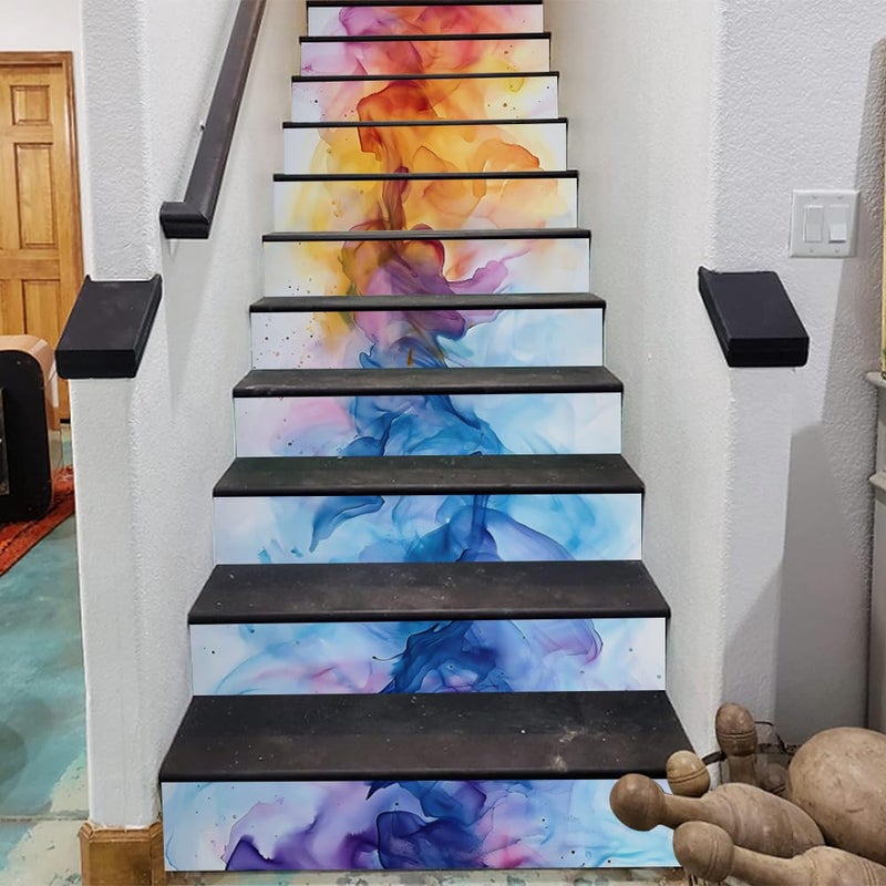 REDAMANCY Modern Coloful Abstract Watercolor Pink/Red/Blue/Yellow Peel and Stick Vinyl Stair Riser Decals Staircase Tile Stickers Decor Modern Marble Decoration Self-Adhesive(14 Pcs) - Image 3