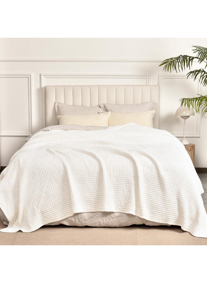 PHF PHF 480GSM 100% Washed Cotton Waffle Weave Blanket, Cozy Breathable Skin-Friendly Throw King Size for All Season, Luxury Fall Layer for Couch Bed Sofa, Elegant Home Decor, Coconut White,104"x90"  - Image 4