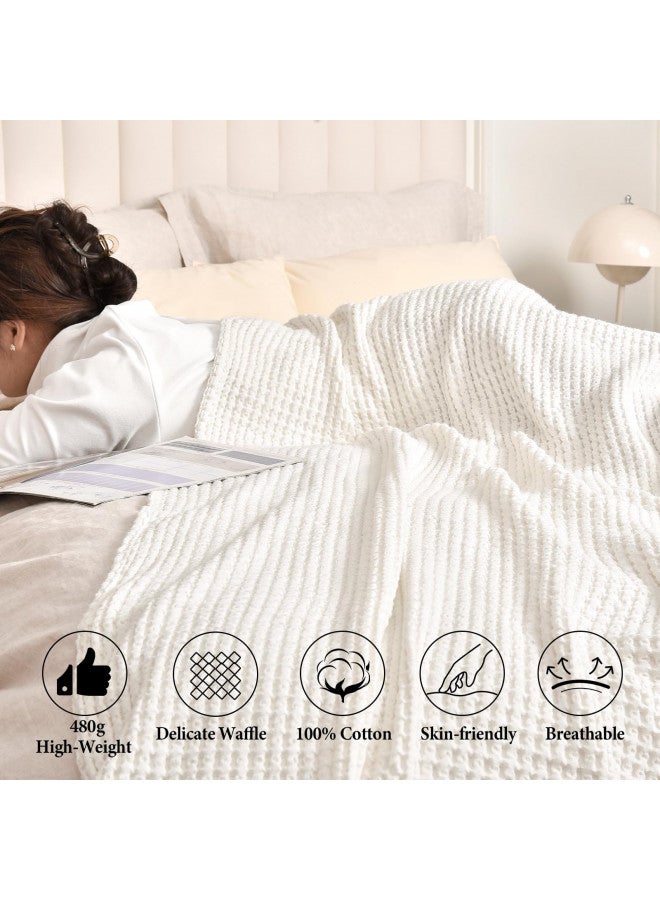 PHF PHF 480GSM 100% Washed Cotton Waffle Weave Blanket, Cozy Breathable Skin-Friendly Throw King Size for All Season, Luxury Fall Layer for Couch Bed Sofa, Elegant Home Decor, Coconut White,104"x90"  - Image 1