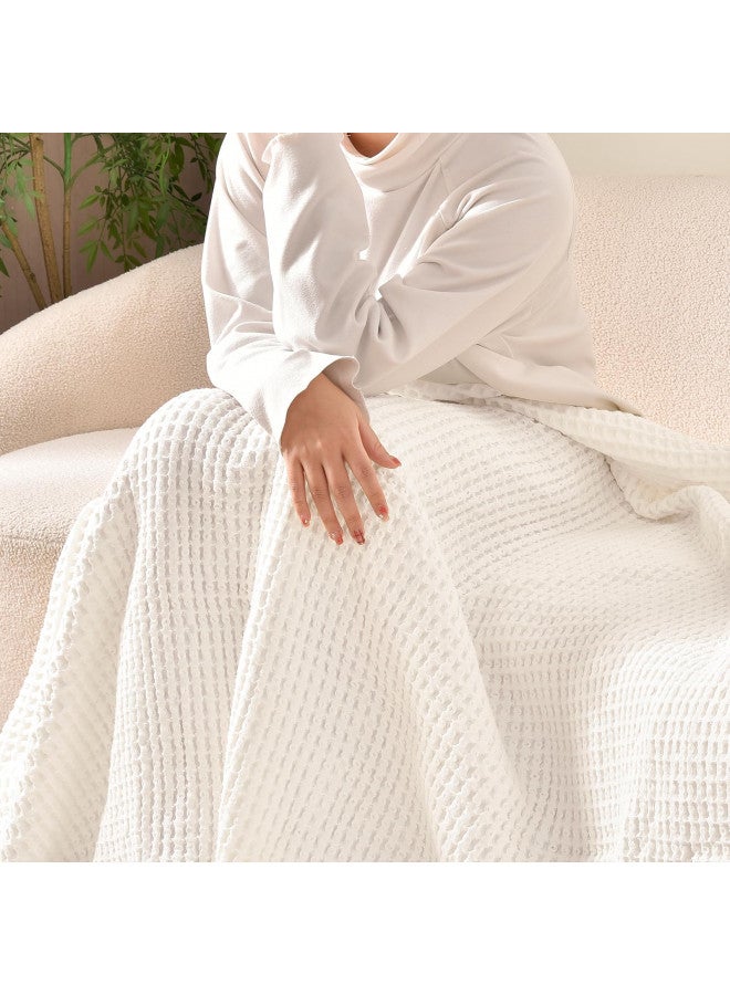 PHF PHF 480GSM 100% Washed Cotton Waffle Weave Blanket, Cozy Breathable Skin-Friendly Throw King Size for All Season, Luxury Fall Layer for Couch Bed Sofa, Elegant Home Decor, Coconut White,104"x90"  - Image 2