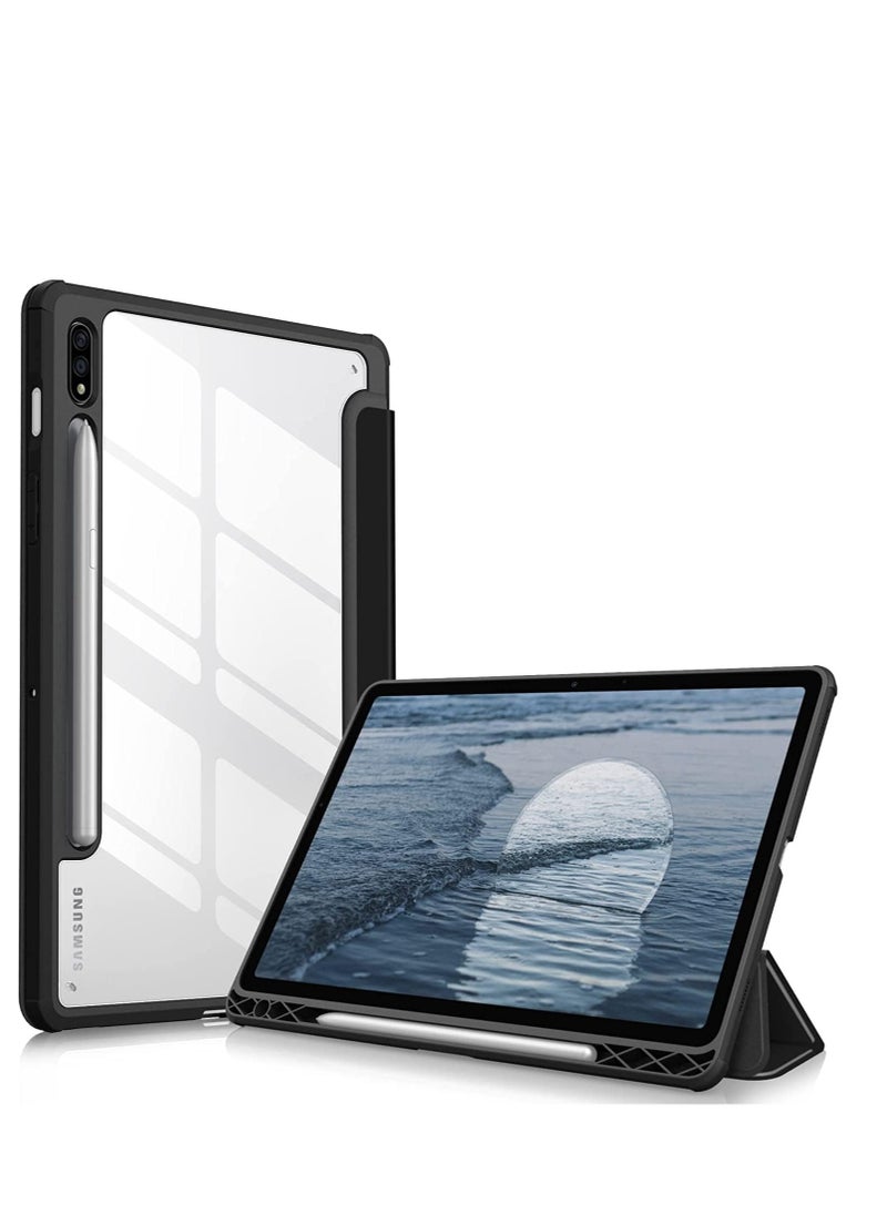 EVO Hybrid Slim Case for Samsung Galaxy Tab S8/Tab S7 with S Pen Holder Shockproof Cover with Clear Transparent Back Shell Auto Wake/Sleep and screen protector (Black)  - Image 1