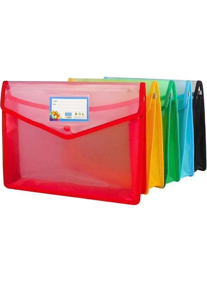 SPS File Folder, Transparent Poly-Plastic A4/Foolscap Documents File Storage Bag with Snap Button Set of 5/Certificate File Folder - Image 1
