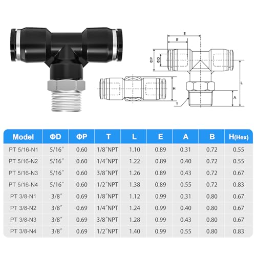 TAILONZ PNEUMATIC Male Branch Tee 3/8 Inch Tube OD x 1/4 Inch NPT Thread Push to Connect Fittings PT-3/8-N2 (Pack of 10) - Image 2