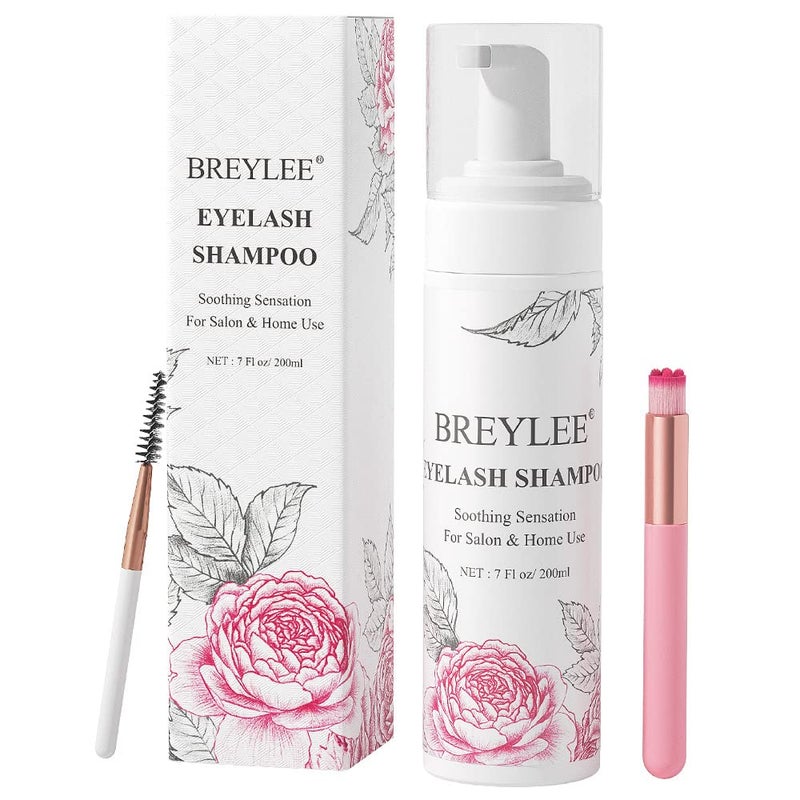 Breylee Eyelash Extension Cleanser, BREYLEEEyelash Extension Shampoo Eyelash Extension Foam & Brushes Eyelid Cleanser for Makeup Remover Paraben & Sulfate Free for Salon and Home Use(200ml, 7 fl oz) 