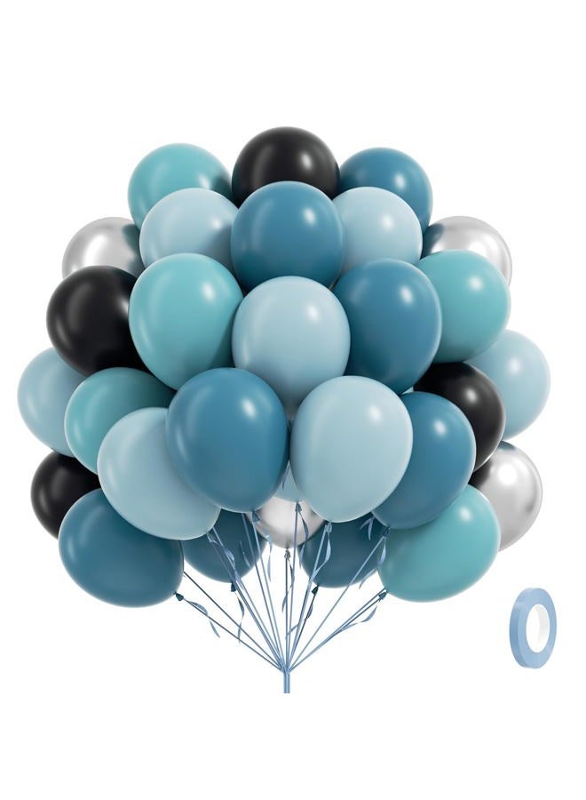 Leraqertra 60pcs Race Car Balloons 12inch with Dusty Slate Blue Black Teal Metallic Silver Latex Balloons for Race Car Two Fast Baby Shower Birthday Party Decorations - Image 1