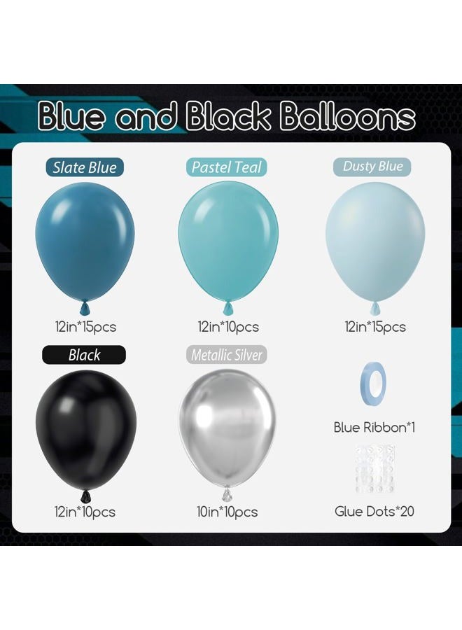Leraqertra 60pcs Race Car Balloons 12inch with Dusty Slate Blue Black Teal Metallic Silver Latex Balloons for Race Car Two Fast Baby Shower Birthday Party Decorations - Image 2