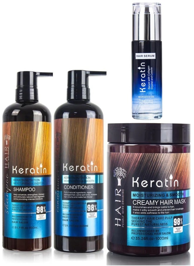 HAIR Pearly Wire Drawing 4Pcs Keratin Shampoo and Conditioner Set with Hair Serum and Creamy Hair Mask Keratin Smooth Moisturizing Hair Care Set Strengthening 98% Repair Damaged Hair with Keratin  - Image 1