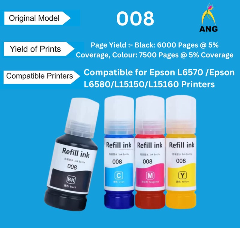 ANG Refill 008 for epssonn L6460/L6490/L6550/L6570/L6580/L11160/L15150/L15160 Printer Black + Tri Color Combo Pack Ink Bottle - Image 2
