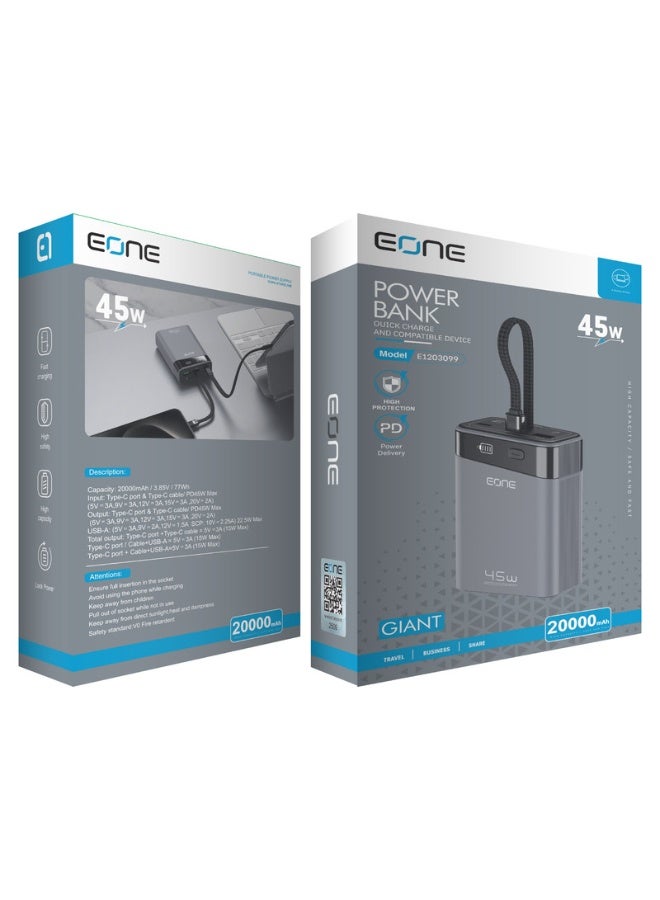 EONE GLANT Power Bank 20000mAh 45W Fast Charging, Multi-Port Portable Charger with LED Battery Display, External Battery for iPhone, Android, Tablet & Devices – Grey - Image 3