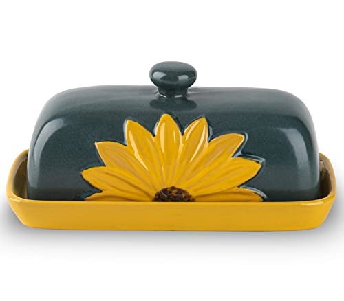 GABROC Butter Dish With Lid For Countertop Ceramic Butter Keeper Sunflower Butter Container Butter Holder Tray Large Covered Farmhouse - Image 1