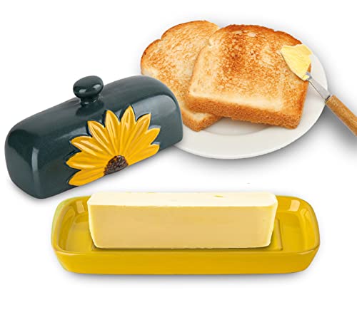 GABROC Butter Dish With Lid For Countertop Ceramic Butter Keeper Sunflower Butter Container Butter Holder Tray Large Covered Farmhouse - Image 2