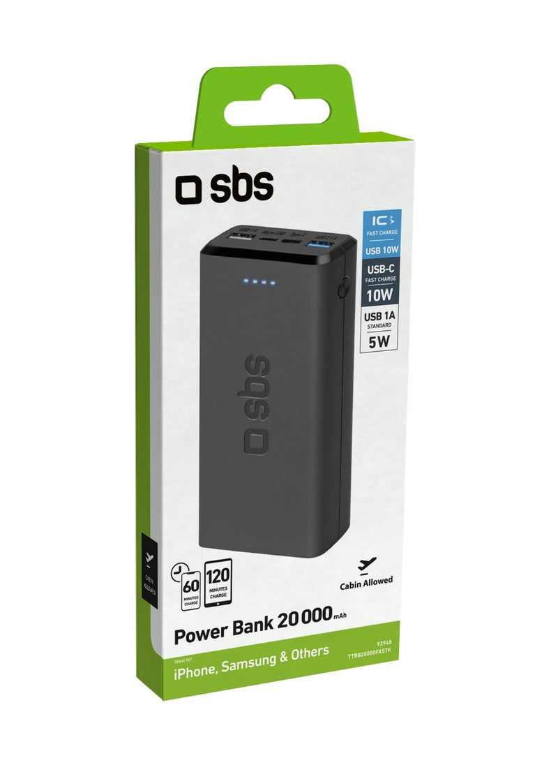 SBS - شاحن باور بانك بسعة 20,000 مللي أمبير مزود بمخرجين USB مزود بتقنية الشحن الذكي ومدخل Micro USB ولون أسود يشحن ثلاثة أجهزة في نفس الوقت مثل iPhone وSamsung وغيرها. - Image 1