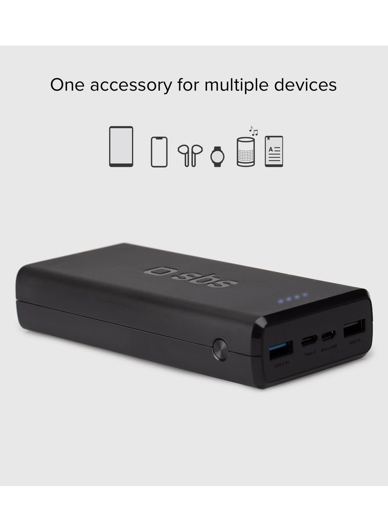 SBS - شاحن باور بانك بسعة 20,000 مللي أمبير مزود بمخرجين USB مزود بتقنية الشحن الذكي ومدخل Micro USB ولون أسود يشحن ثلاثة أجهزة في نفس الوقت مثل iPhone وSamsung وغيرها. - Image 1