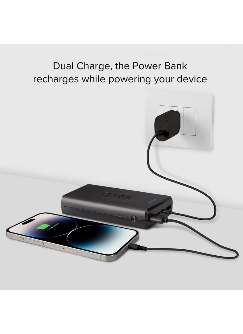 SBS - شاحن باور بانك بسعة 20,000 مللي أمبير مزود بمخرجين USB مزود بتقنية الشحن الذكي ومدخل Micro USB ولون أسود يشحن ثلاثة أجهزة في نفس الوقت مثل iPhone وSamsung وغيرها. - Image 1