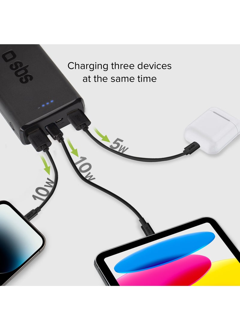SBS - شاحن باور بانك بسعة 20,000 مللي أمبير مزود بمخرجين USB مزود بتقنية الشحن الذكي ومدخل Micro USB ولون أسود يشحن ثلاثة أجهزة في نفس الوقت مثل iPhone وSamsung وغيرها. - Image 1