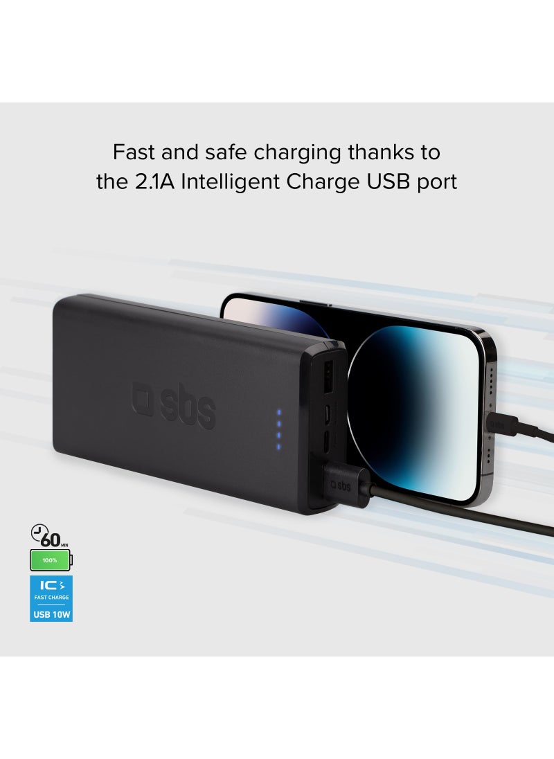 SBS - شاحن باور بانك بسعة 20,000 مللي أمبير مزود بمخرجين USB مزود بتقنية الشحن الذكي ومدخل Micro USB ولون أسود يشحن ثلاثة أجهزة في نفس الوقت مثل iPhone وSamsung وغيرها. - Image 1