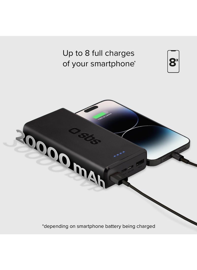 SBS - شاحن باور بانك بسعة 20,000 مللي أمبير مزود بمخرجين USB مزود بتقنية الشحن الذكي ومدخل Micro USB ولون أسود يشحن ثلاثة أجهزة في نفس الوقت مثل iPhone وSamsung وغيرها. - Image 1