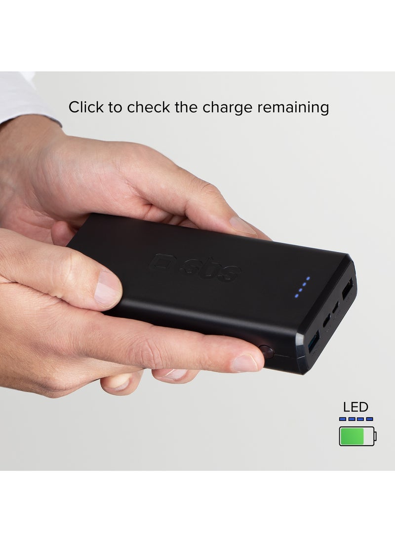 SBS - شاحن باور بانك بسعة 20,000 مللي أمبير مزود بمخرجين USB مزود بتقنية الشحن الذكي ومدخل Micro USB ولون أسود يشحن ثلاثة أجهزة في نفس الوقت مثل iPhone وSamsung وغيرها. - Image 1