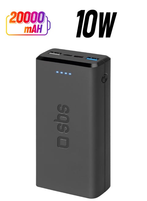 Power Bank 20,000 mAh charger with two USB outputs equipped with Intelligent Charge technology, Micro USB input, black color Charge Three Devices at the same time like iPhone, Samsung and Others.