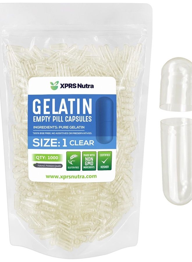 XPRS Nutra Size 1 Empty Capsules - 1000 Count Empty Gelatin Capsules - Empty Pill Capsules - DIY Capsule Filling - Pure Bovine Pill Capsules Empty Gel Caps (Clear) - Image 1