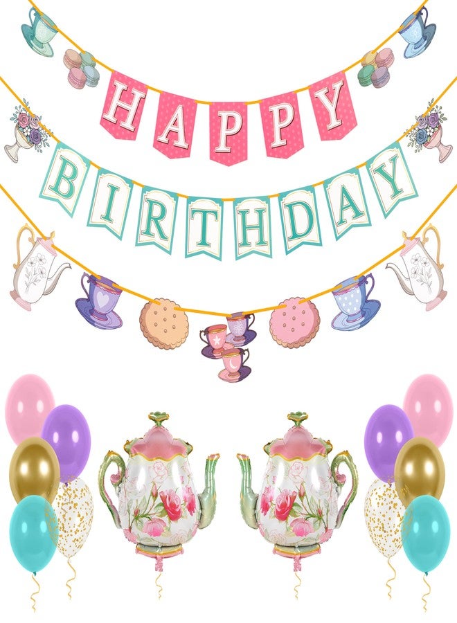 Pirese Tea Party Birthday Decorations, Pre-Strung Happy Birthday Banner with Tea Pot Balloons, Tea Party Supplies, Garden Tea Party Decor Kit for Girls Kids Women, Princess Tea Party Balloons - Image 1
