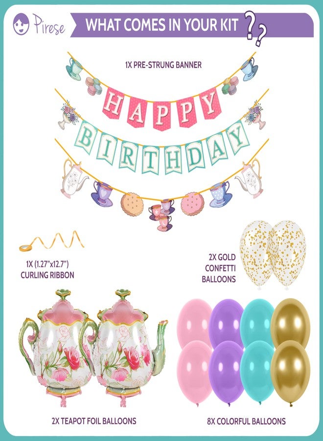 Pirese Tea Party Birthday Decorations, Pre-Strung Happy Birthday Banner with Tea Pot Balloons, Tea Party Supplies, Garden Tea Party Decor Kit for Girls Kids Women, Princess Tea Party Balloons - Image 2