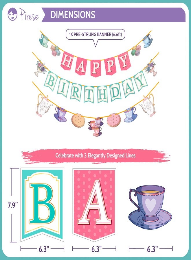 Pirese Tea Party Birthday Decorations, Pre-Strung Happy Birthday Banner with Tea Pot Balloons, Tea Party Supplies, Garden Tea Party Decor Kit for Girls Kids Women, Princess Tea Party Balloons - Image 3