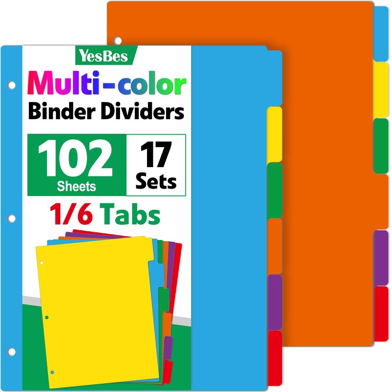 YesBes 102 Pcs Colored Binder Dividers with Tabs, 1/6 Cut Tabs, Dividers for 3 Ring Binder, Blank Write On Binder Dividers in 6 Tab Sets, Letter Size, 102 Dividers, 17 Sets, Multicolor - Image 1