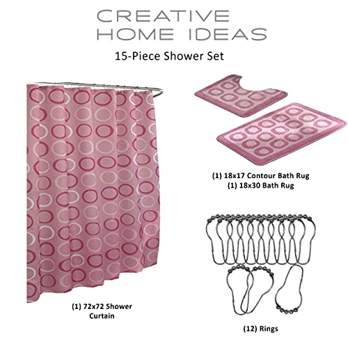 Creative Home Ideas 15-Piece Bathroom Shower Curtain Set – Set of 1 Shower Curtain & 12 Metal Hooks & 1 Bath Mat & 1 Contour Mat, Modern Bathroom Décor, Machine Washable, Terrell Dusty Rose - Image 2