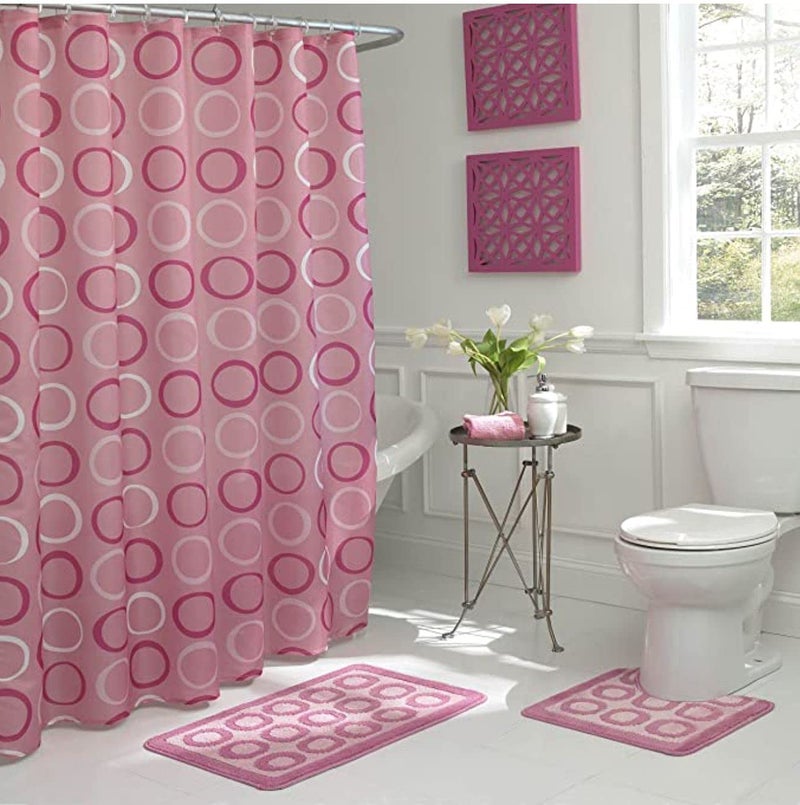 Creative Home Ideas 15-Piece Bathroom Shower Curtain Set – Set of 1 Shower Curtain & 12 Metal Hooks & 1 Bath Mat & 1 Contour Mat, Modern Bathroom Décor, Machine Washable, Terrell Dusty Rose - Image 1