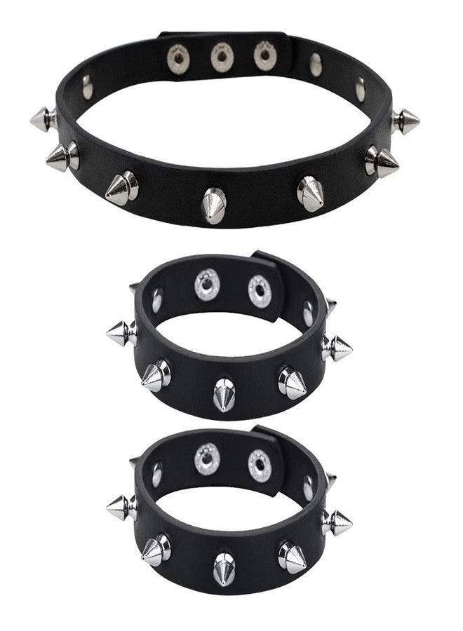 Macoking Leather Studded Bracelet Choker Punk Spike Rivet Cuff Metal Black Wristband - Image 1