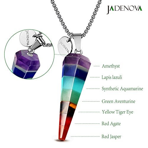 JADENOVA 7 Chakra Necklace Pendant Cone-shaped Energy Healing Gemstone Crystal Dowsing Divination Pendulum 18 Inches Stainless Steel Chain - Image 2