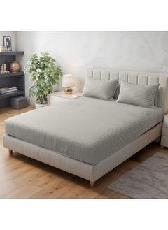 Rest Stripe Fitted Sheet Set Queen 160 X 200+30 Cm+ 2 Pillowcases 50 X 75 Cm Brushed Microfiber Premium Durable Quality Deep Pocket For A Perfect Fit Shrinkage Fade Resistant Light Brown  - Image 1
