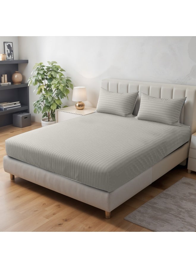 Rest Stripe Fitted Sheet Set Queen 160 X 200+30 Cm+ 2 Pillowcases 50 X 75 Cm Brushed Microfiber Premium Durable Quality Deep Pocket For A Perfect Fit Shrinkage Fade Resistant Light Brown  - Image 1